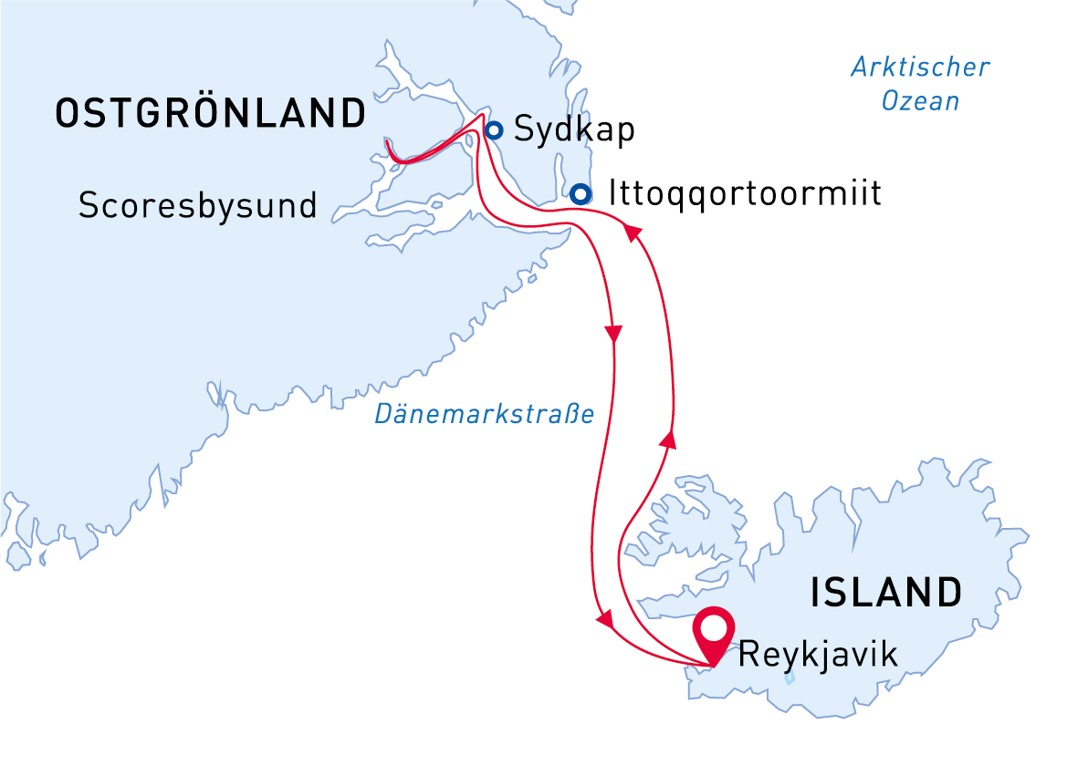 Polarlicht Kreuzfahrten Ostgrönland map route