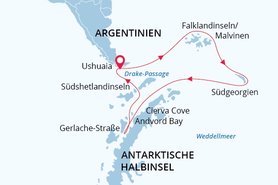 Falklandinseln, Südgeorgien & Antarktis map route