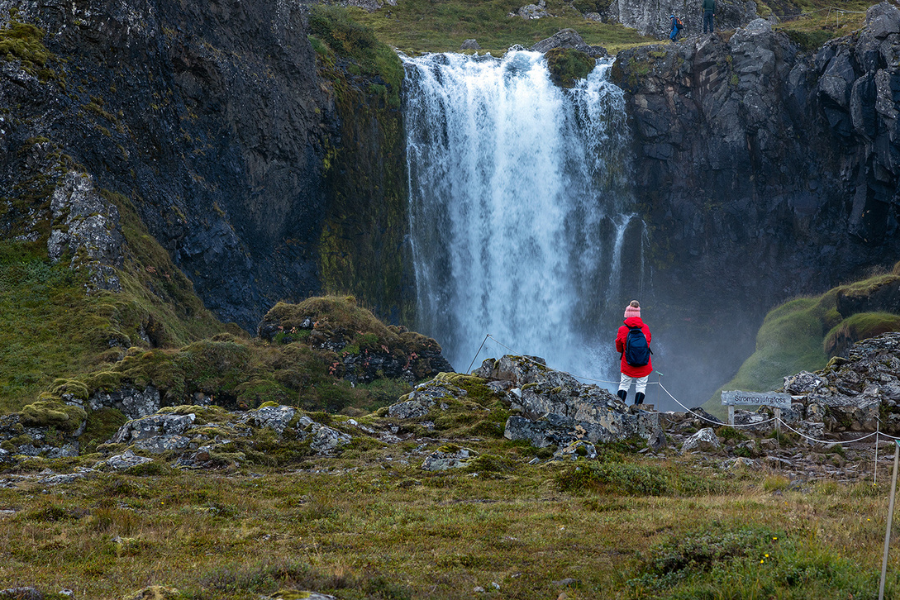 Person mit rotem Parka vor einem Wasserfall auf Island