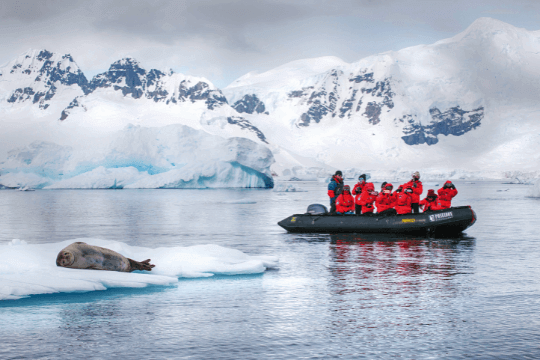 Kreuzfahrt-Gäste im Schlauchboot fotografieren eine Robbe die auf einer Eisscholle in der Antarktis liegt.