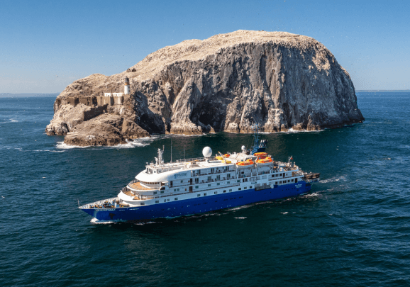 Das Expeditionskreuzfahrtschiff vor der Insel Bass Rock mit dem Leuchtturm und vielen Basstölpeln